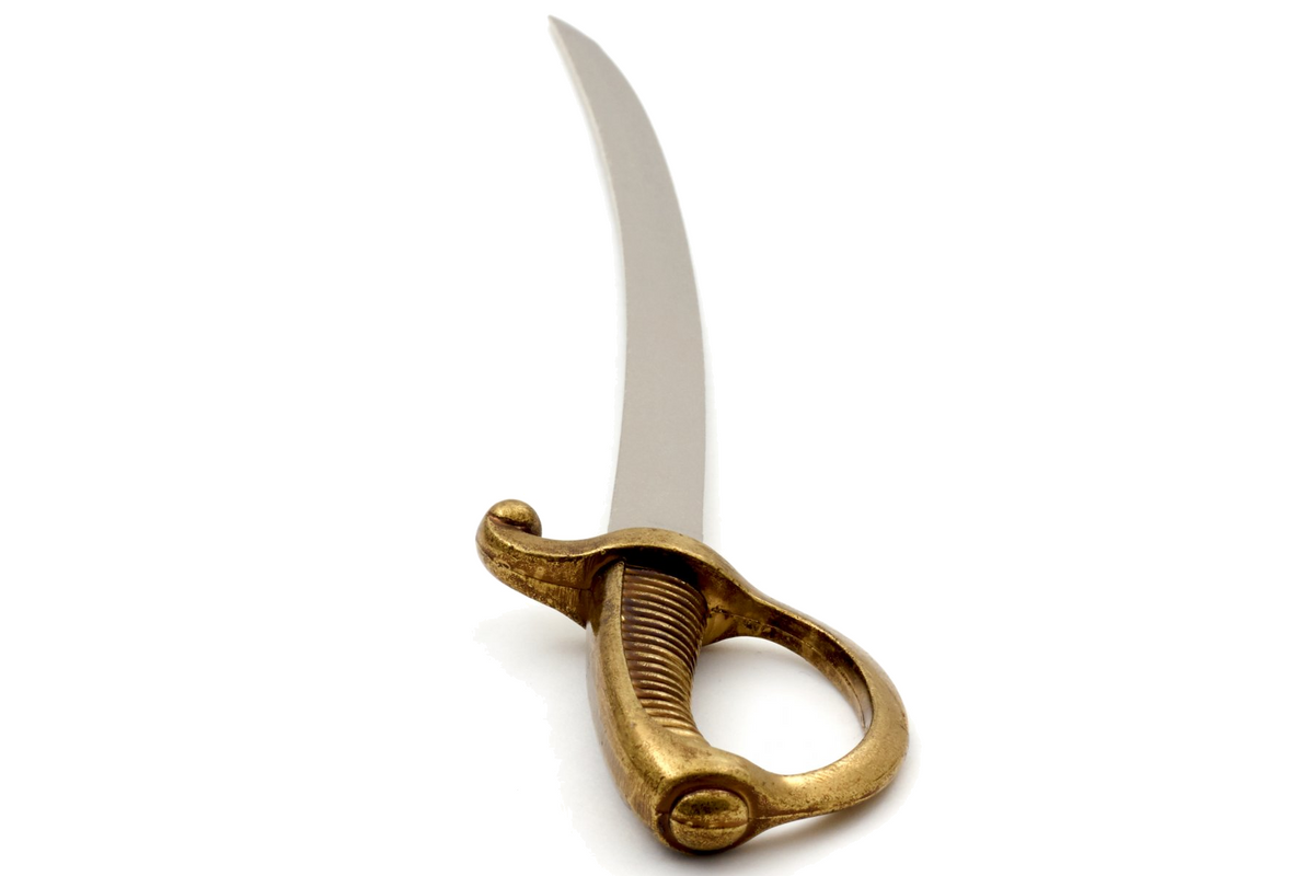 Denix 3033 briquet sabre letter opener in brass and nickel, vertical front-angle view with hilt lower