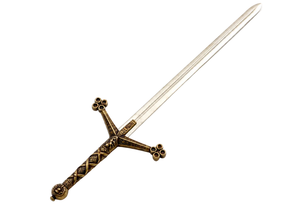 Denix 3047 Claymore sword letter opener in brass and nickel, diagonal view with hilt lower left