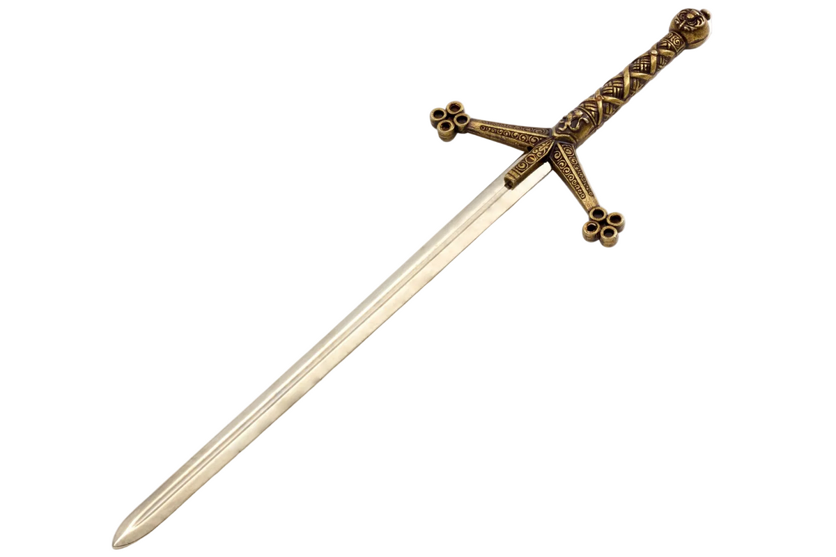Denix 3047 Claymore sword letter opener in brass and nickel, diagonal view with hilt upper right