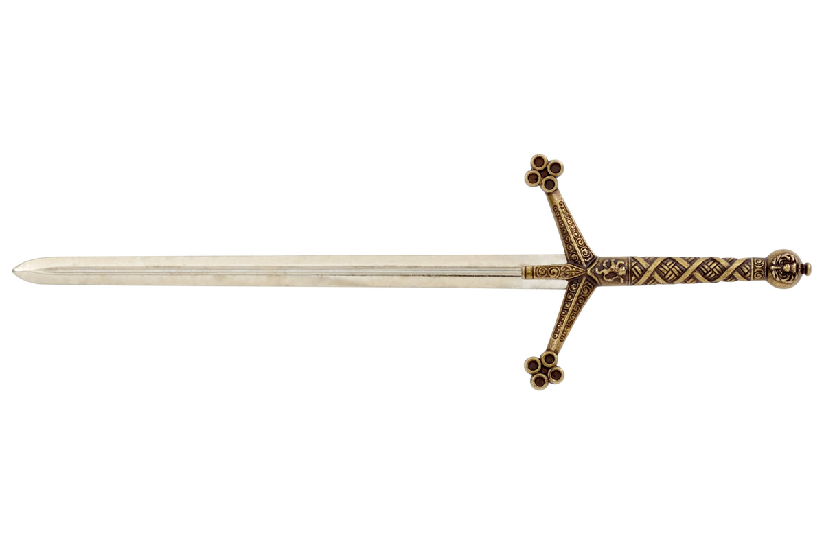 Denix 3047 Claymore sword letter opener with decorated brass hilt and nickel blade, left-facing profile