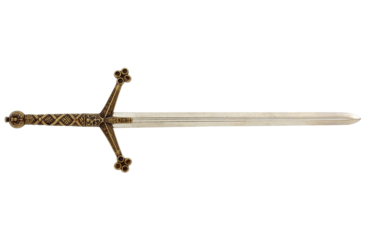 Denix 3047 Claymore sword letter opener with decorated brass hilt and nickel blade, right-facing profile