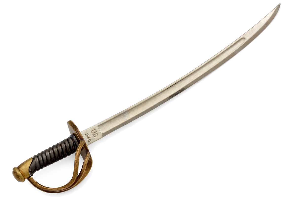 Denix 3059 Civil War officer's sabre letter opener in brass and nickel, diagonal view with hilt lower left and U.S. 1860 marking