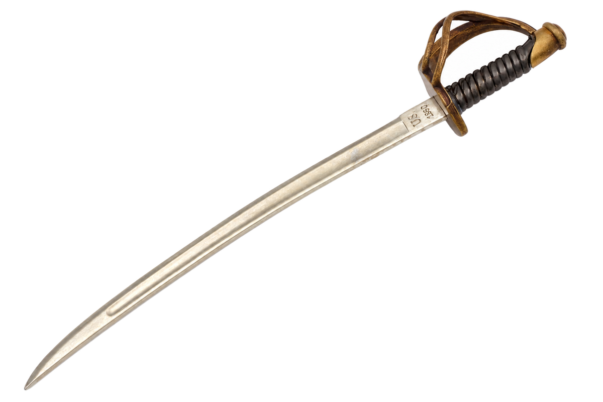 Denix 3059 Civil War officer's sabre letter opener in brass and nickel, diagonal view with hilt upper right