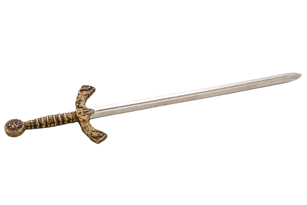 Denix 3066 Knights Templar sword letter opener in brass and nickel, diagonal view with hilt lower left
