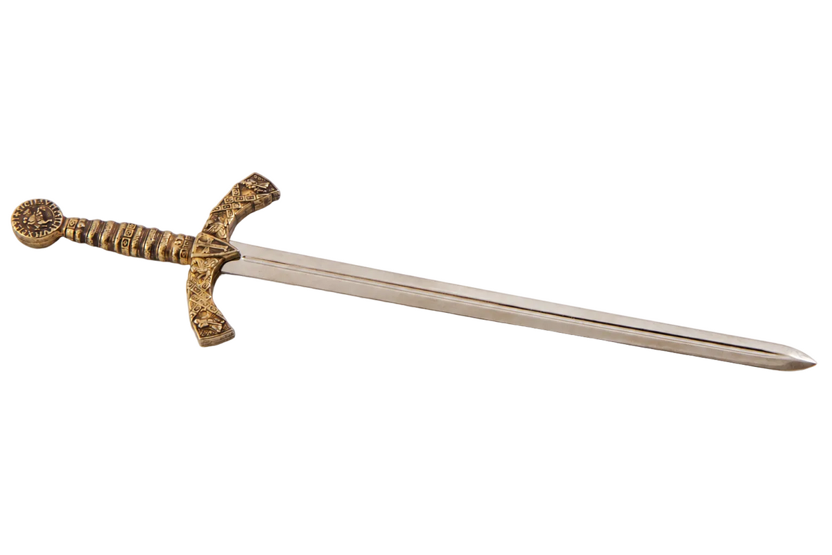 Denix 3066 Knights Templar sword letter opener in brass and nickel, diagonal view with hilt upper left