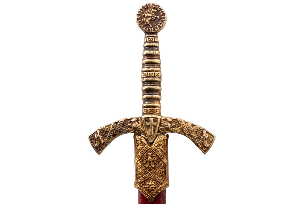 Denix 3066 Knights Templar sword letter opener brass hilt and decorated scabbard detail