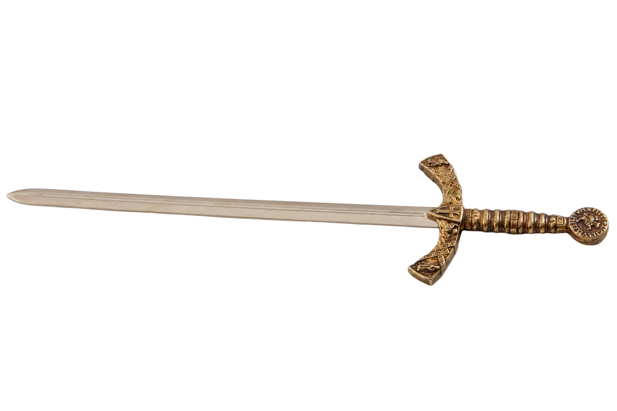Denix 3066 Knights Templar sword letter opener with brass hilt and nickel blade, left-facing profile