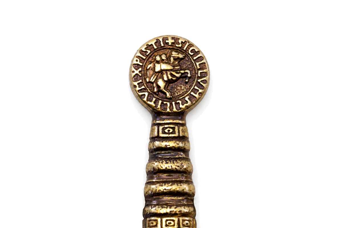 Denix 3066 Knights Templar sword letter opener knight pommel medallion and patterned grip close-up