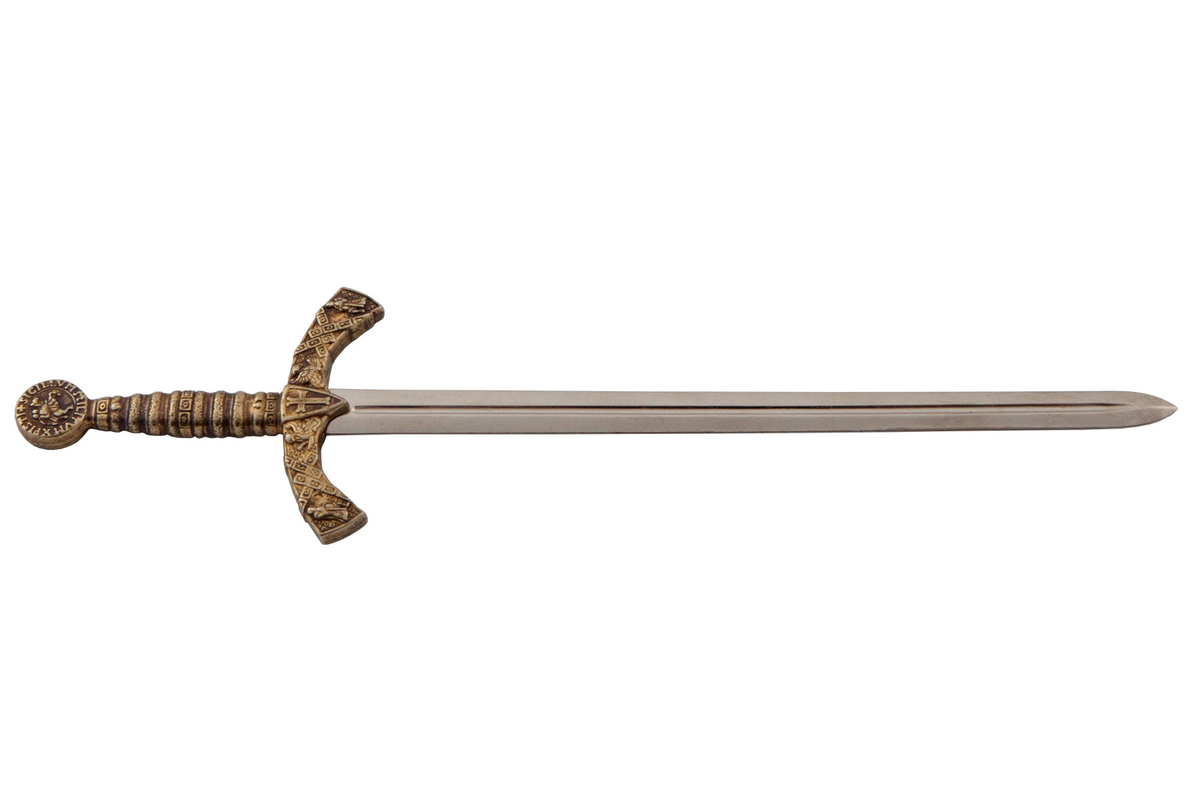 Denix 3066 Knights Templar sword letter opener with brass hilt and nickel blade, right-facing profile