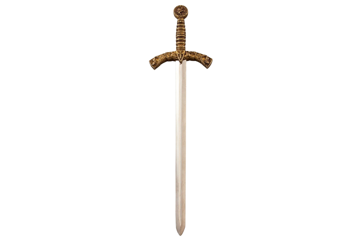 Denix 3066 Knights Templar sword letter opener with decorated brass hilt and nickel blade, upright full view