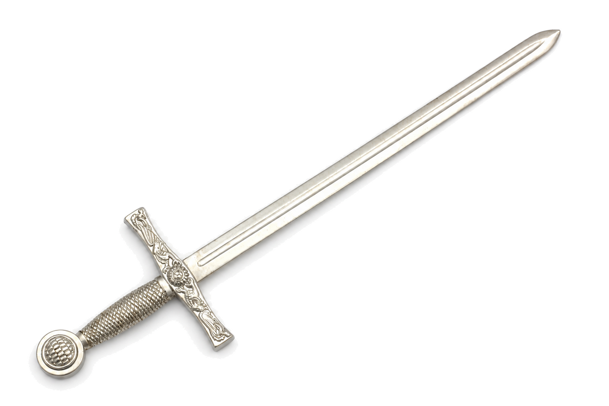 Denix 3080 Excalibur sword letter opener in bright nickel, diagonal view with hilt lower left