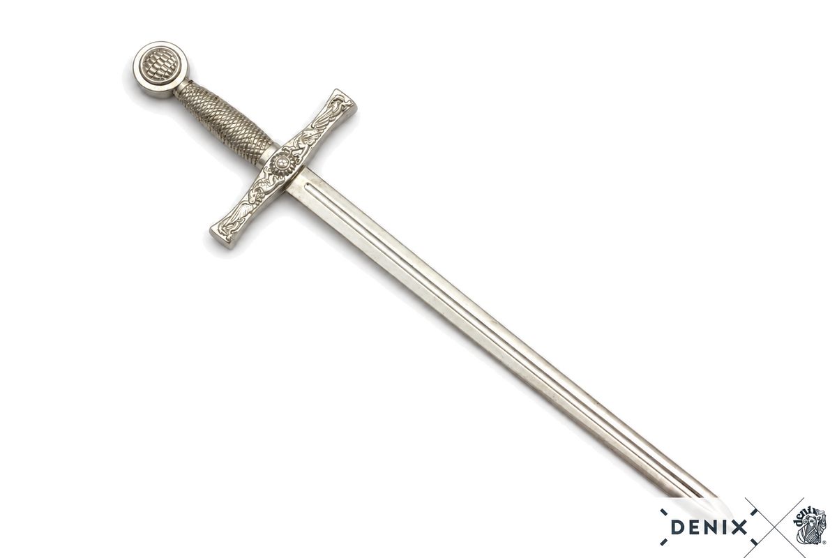 Denix 3080 Excalibur sword letter opener in bright nickel, diagonal view with hilt upper left