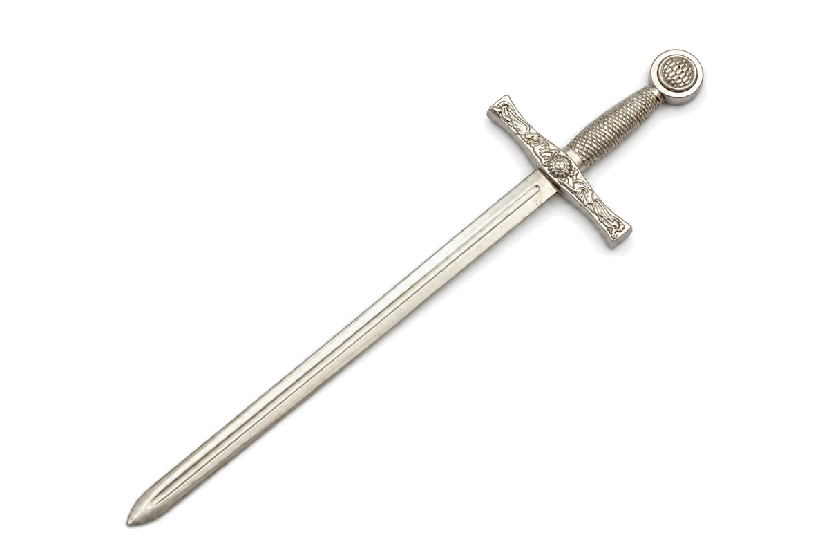 Denix 3080 Excalibur sword letter opener in bright nickel, diagonal view with hilt upper right