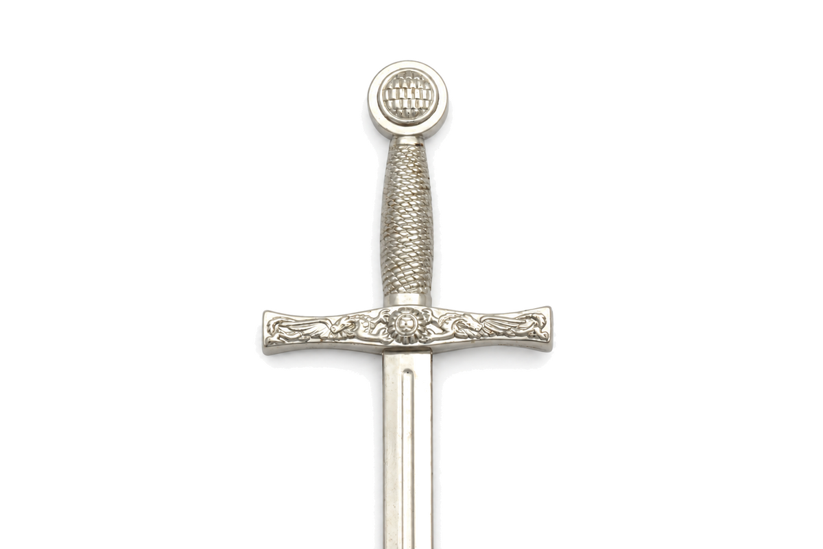 Denix 3080 Excalibur sword letter opener in bright nickel, front view of ornate hilt and crossguard