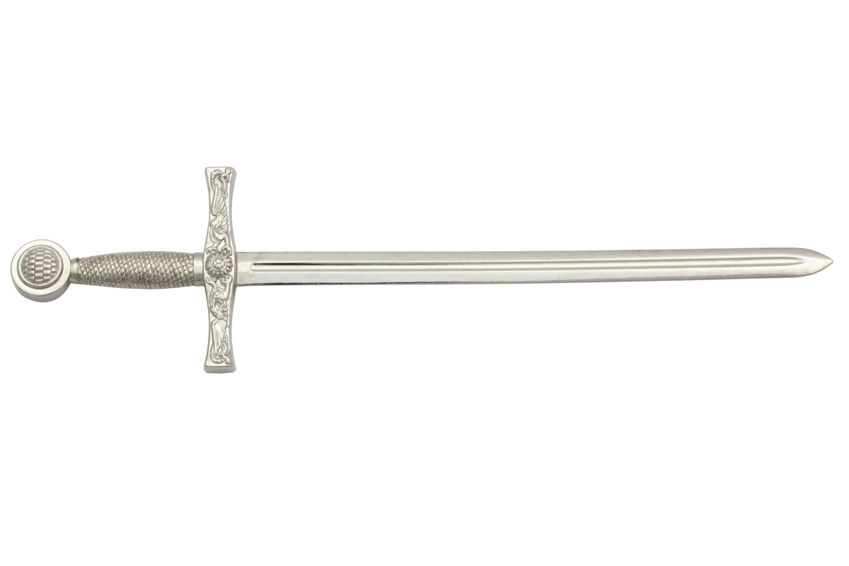 Denix 3080 Excalibur sword letter opener in bright nickel, right-facing full profile