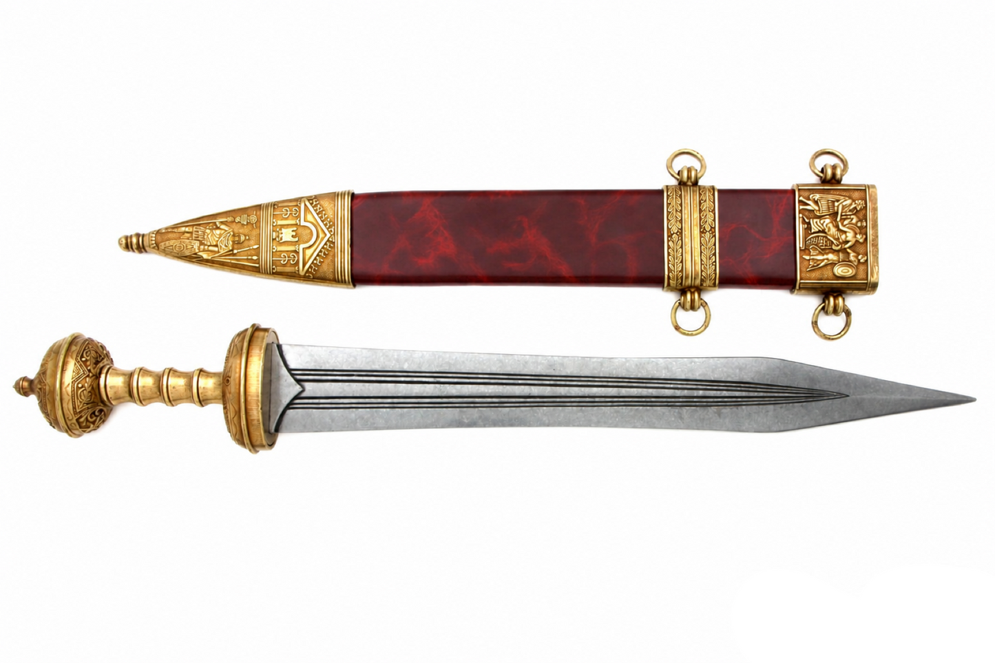 Denix 4116/L Roman gladiator sword replica beside its red scabbard