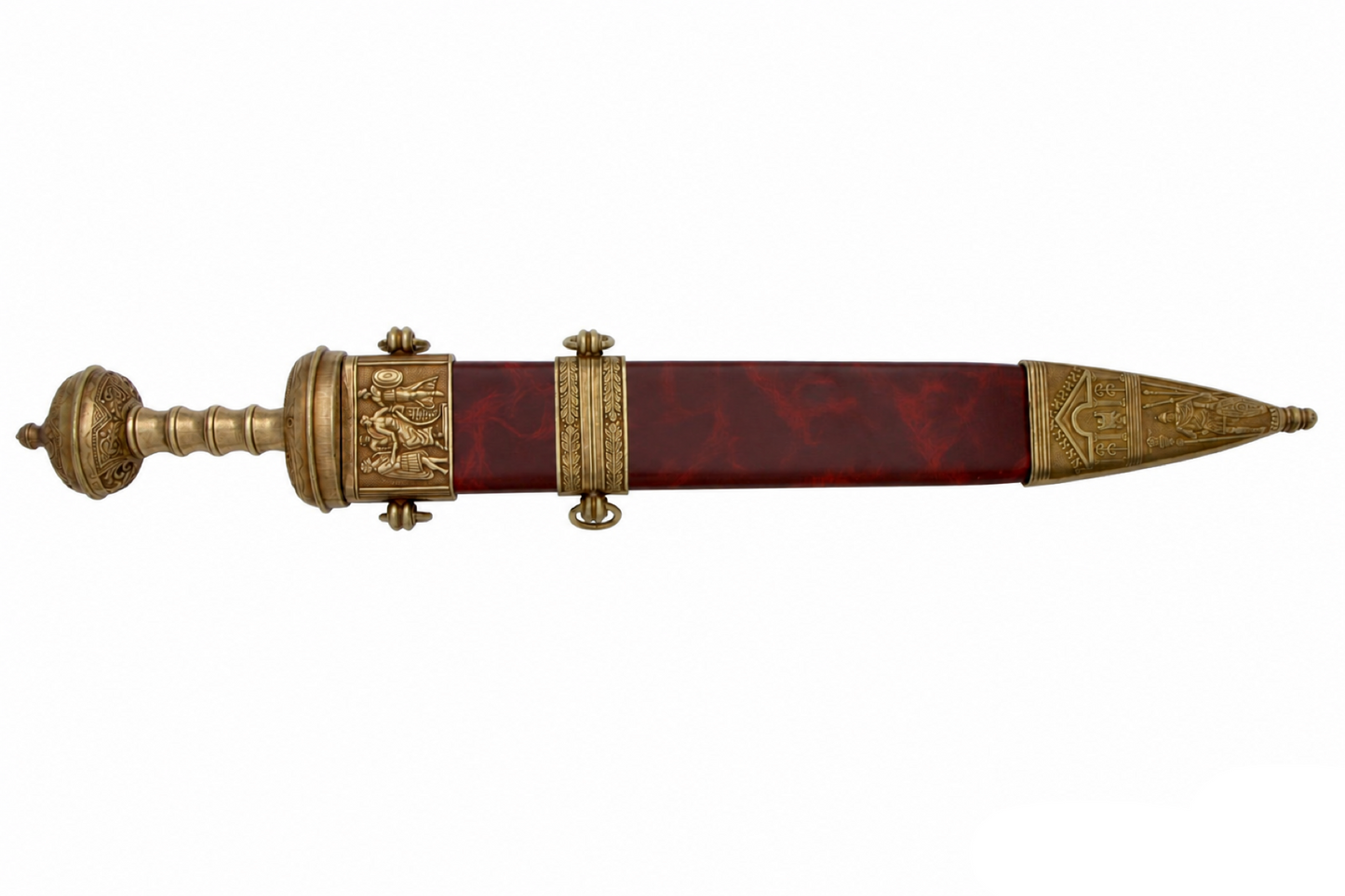 Denix 4116/L Roman gladiator sword replica with gold-tone trim, sheathed front view
