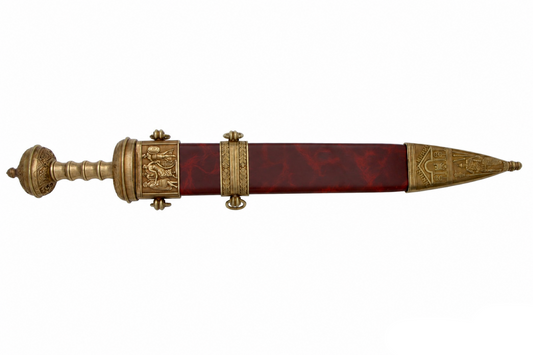 Denix 4116/L Roman gladiator sword replica with gold-tone trim, sheathed front view