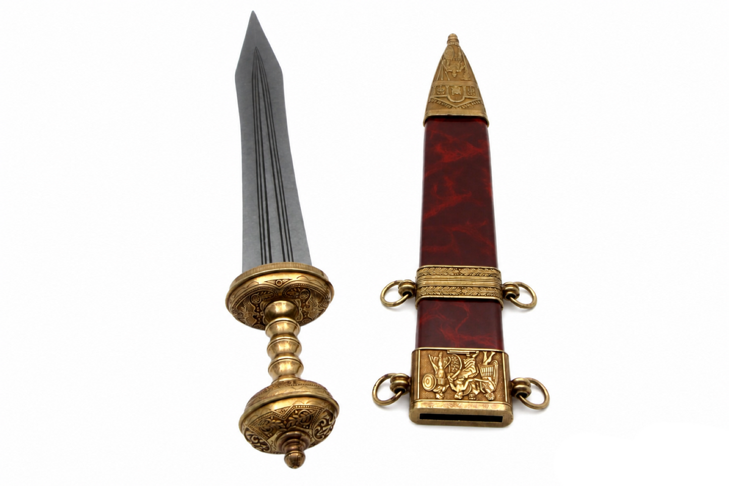 Denix 4116/L Roman gladiator sword replica and red scabbard, overhead view
