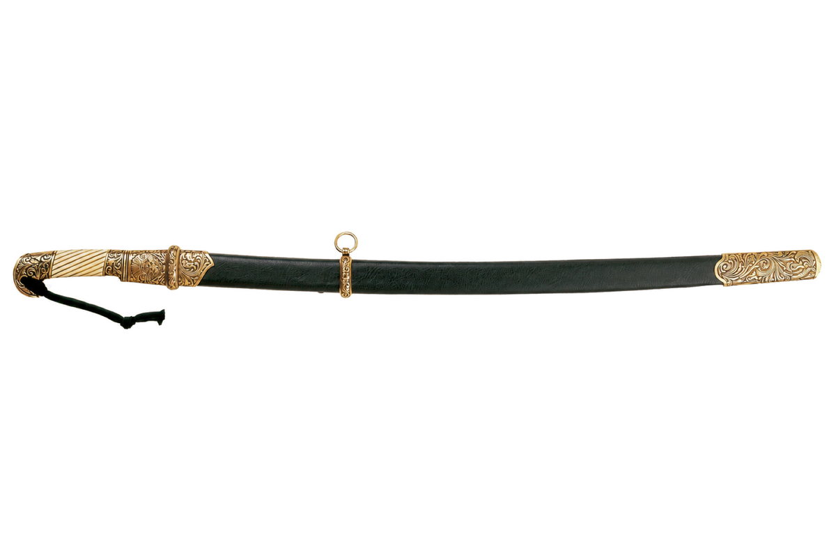 Denix 4135 Russian Shashka cavalry sabre shown in its black scabbard