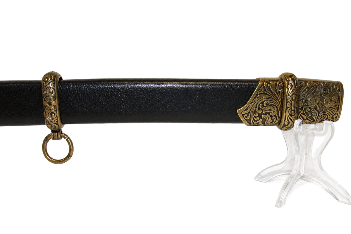 Ornate scabbard fitting detail on the Denix 4135 Russian Shashka sabre