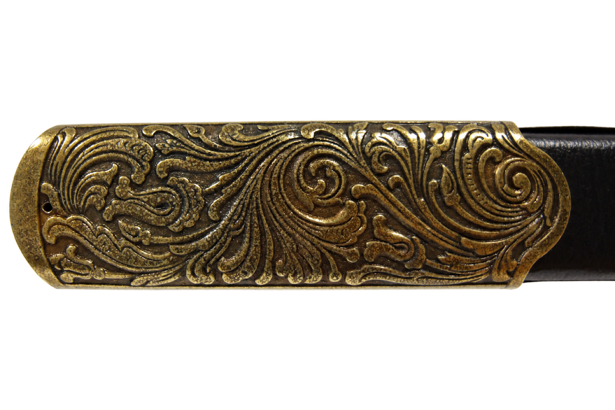 Engraved brass-tone scabbard tip on the Denix 4135 Shashka cavalry sabre