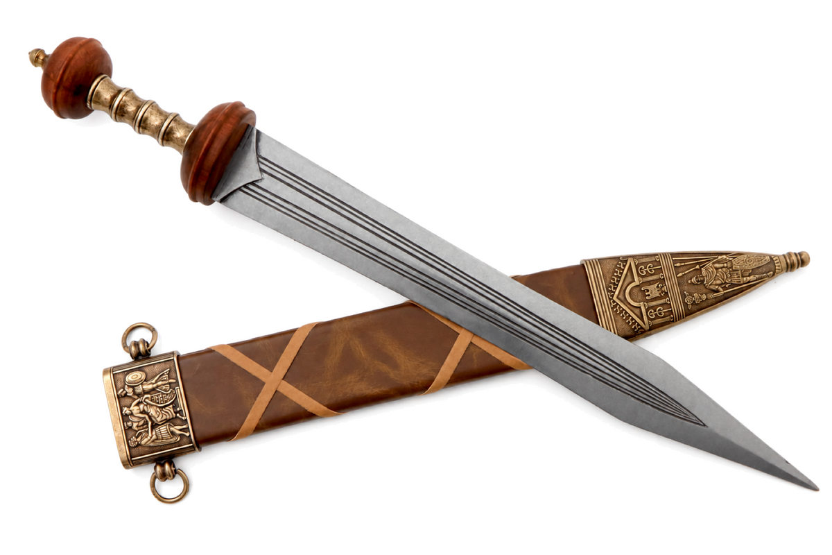 Denix 4140 Roman gladiator sword arranged across its decorated scabbard