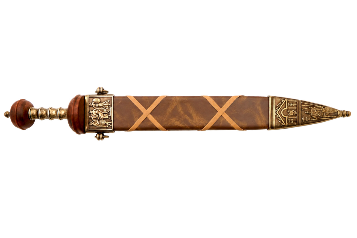 Denix 4140 Roman gladiator sword shown in its brown scabbard