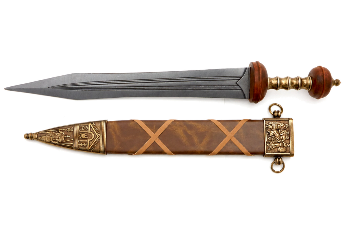 Denix 4140 Roman gladiator sword displayed unsheathed beside its scabbard