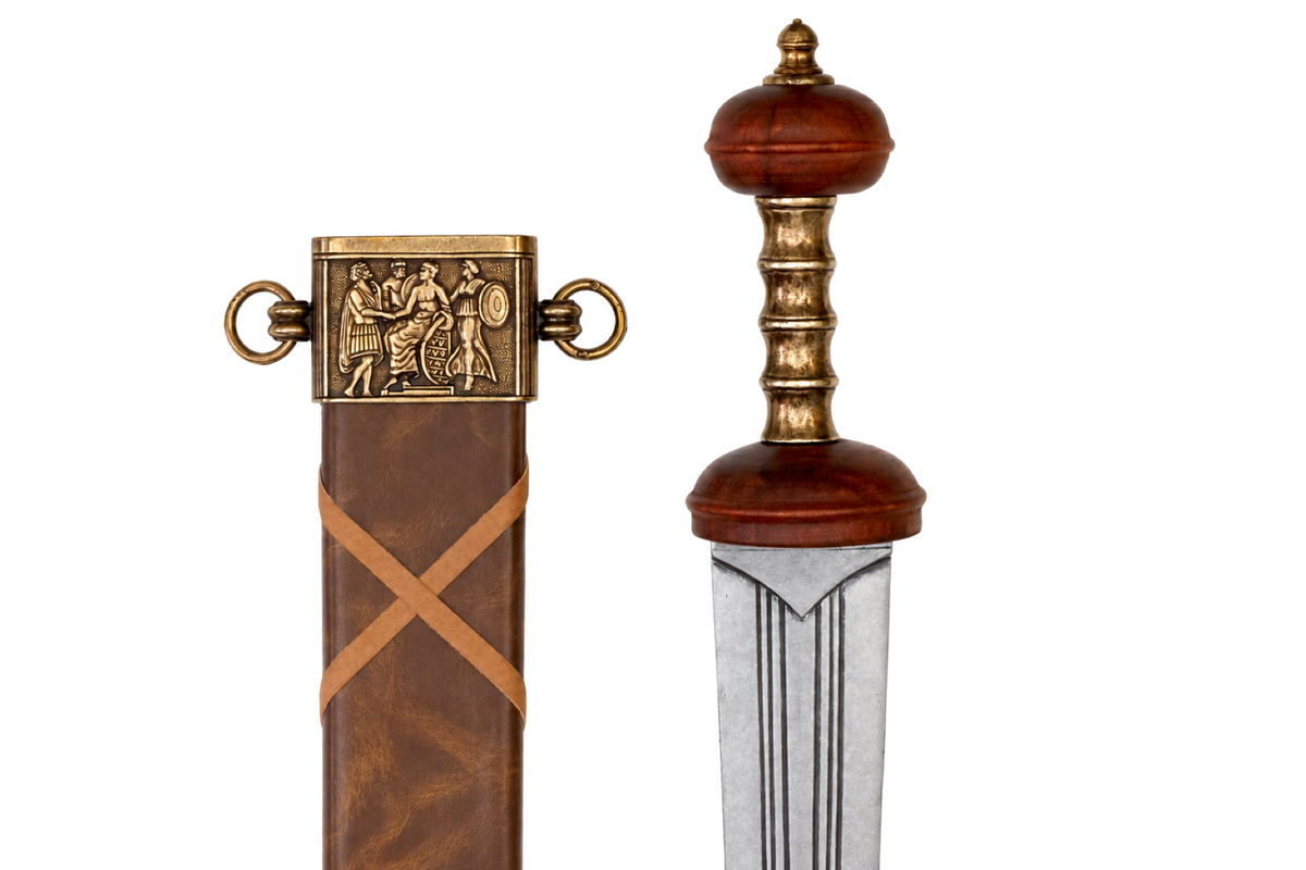 Hilt and scabbard throat detail on the Denix 4140 Roman sword replica