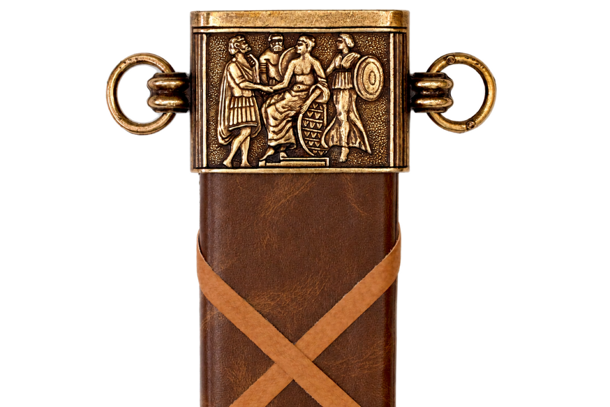 Decorative relief and suspension rings on the Denix 4140 Roman sword scabbard