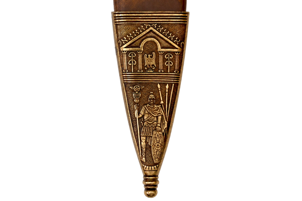 Engraved scabbard tip detail on the Denix 4140 Roman gladiator sword