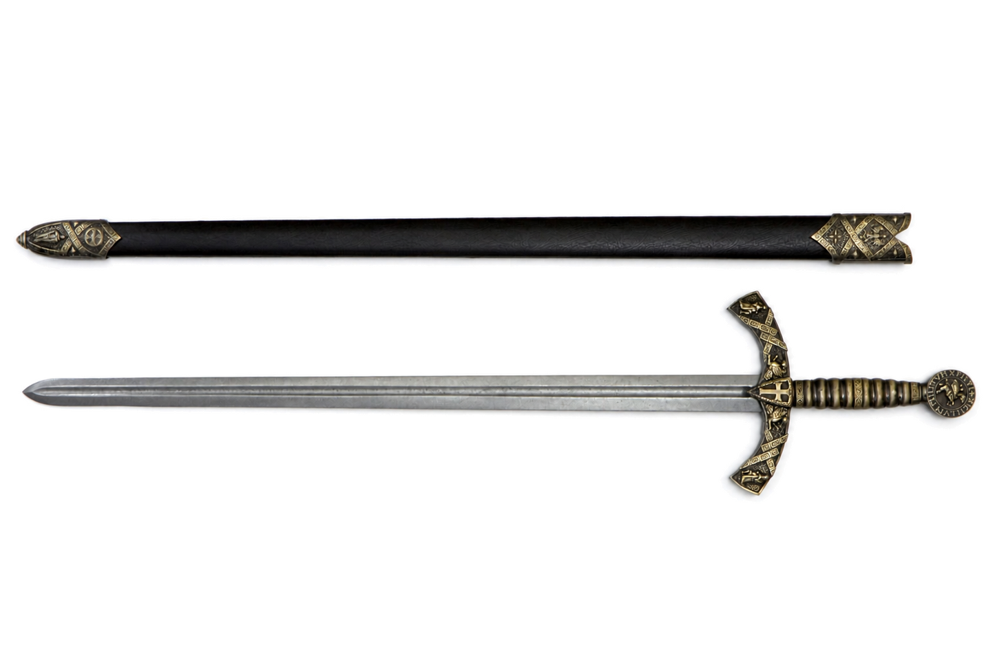 Denix 4163/N Knights Templar sword unsheathed beside its black scabbard