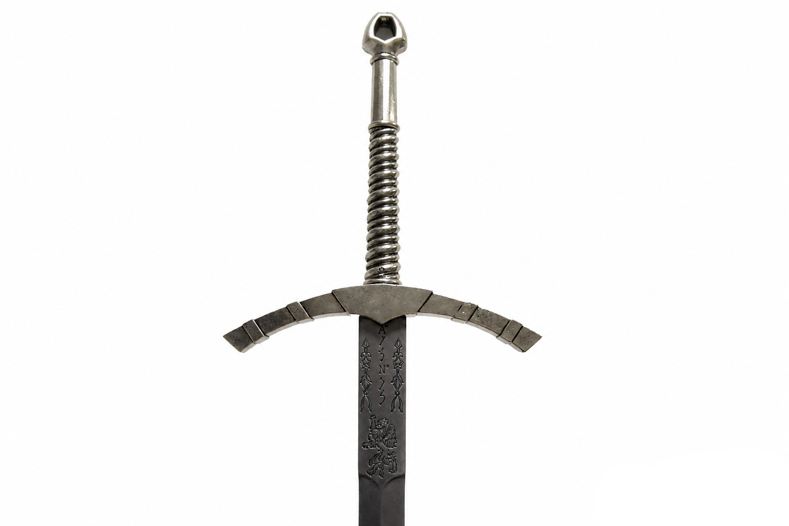 Denix 4183NQ medieval sword ring pommel, grip, curved guard, and etched blade detail