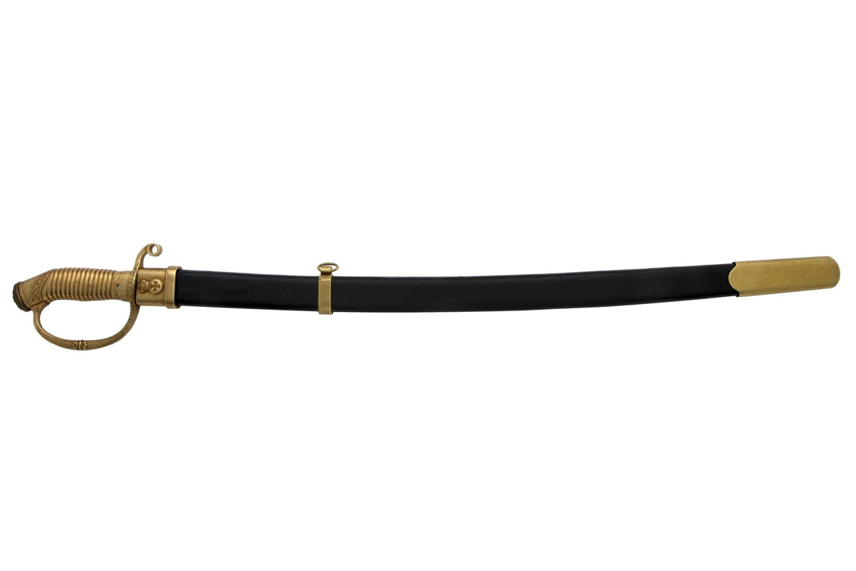 Denix Saint Jorge sabre replica 4191 with antiqued brass-finish hilt and black scabbard, full-length view