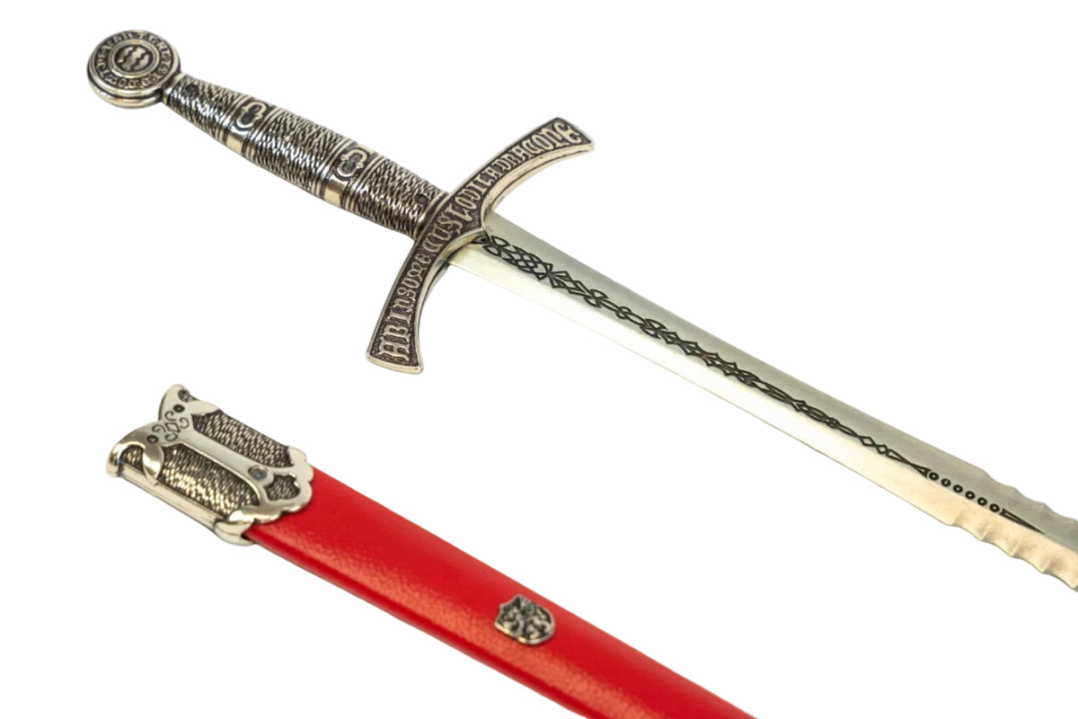 Denix 4206 medieval French dagger metal blade and red scabbard, alternate angle