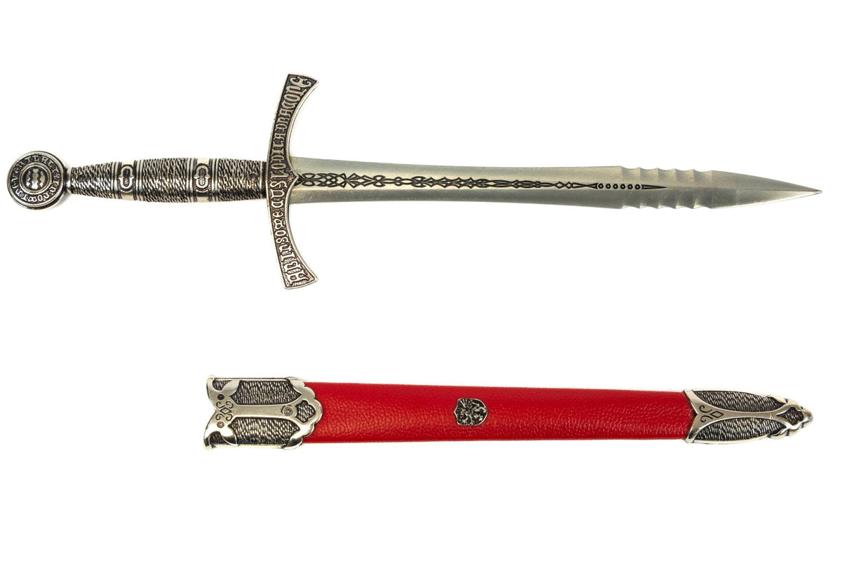 Denix 4206 medieval French dagger blade and red scabbard displayed side by side
