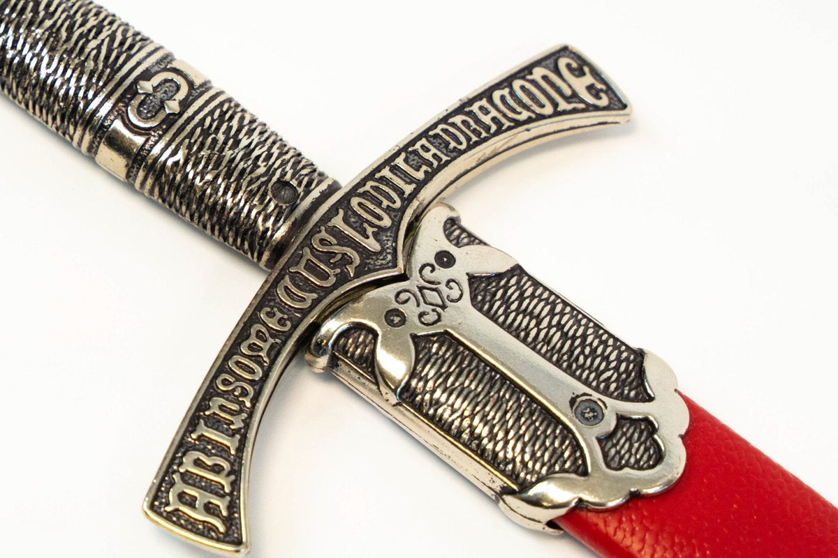 Denix 4206 medieval French dagger inscribed guard and red scabbard throat detail