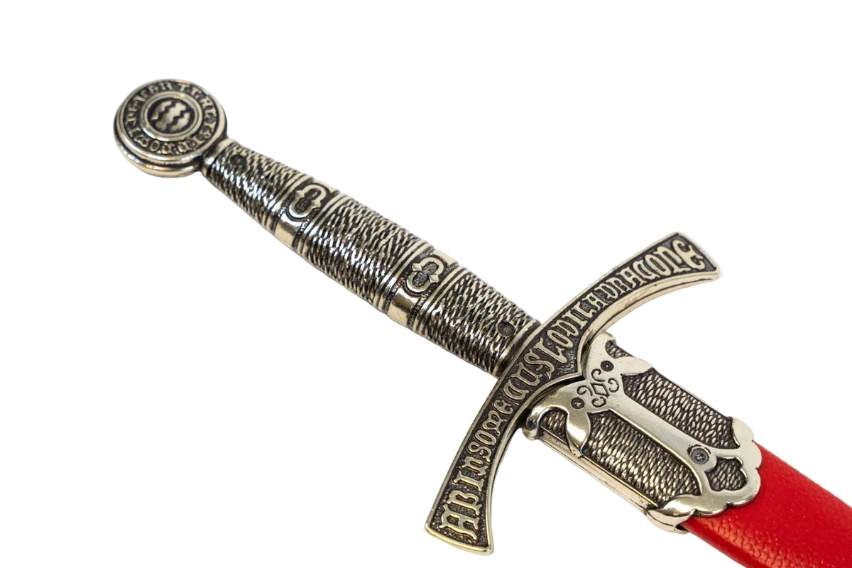 Denix 4206 medieval French dagger silver-tone hilt and red scabbard, angled view