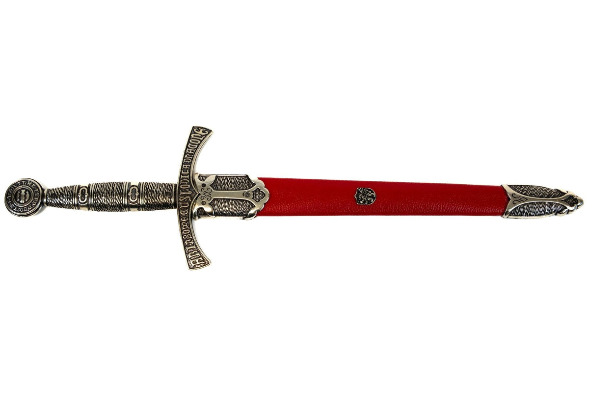 Denix 4206 medieval French dagger with red scabbard, full sheathed side profile