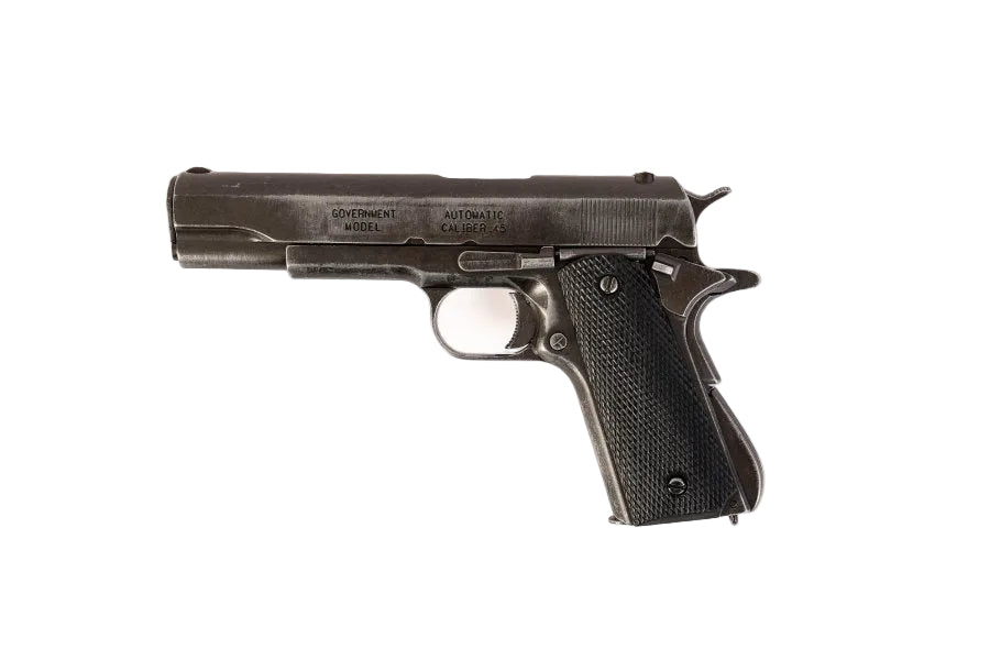 Black Colt 1911 pistol on a white background with Denix logo.