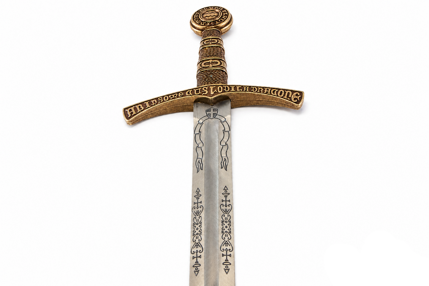 Denix 5201 medieval replica sword blade engraving, crossguard, grip, and pommel detail