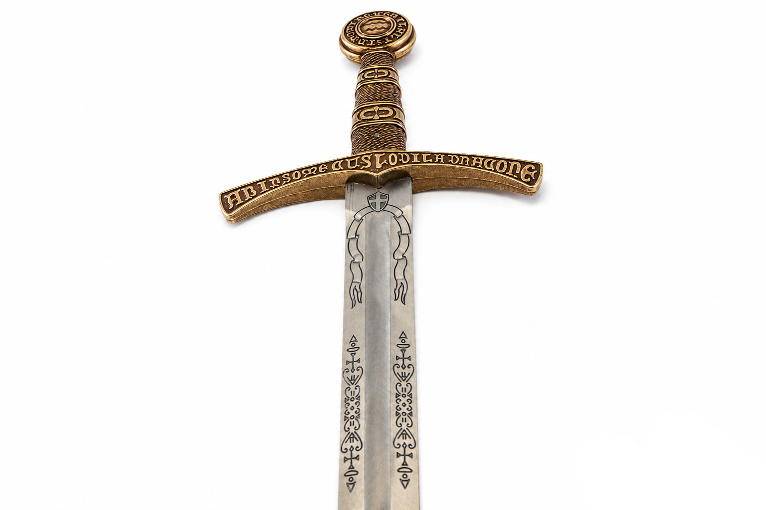 Denix 5201 medieval replica sword blade engraving, crossguard, grip, and pommel detail
