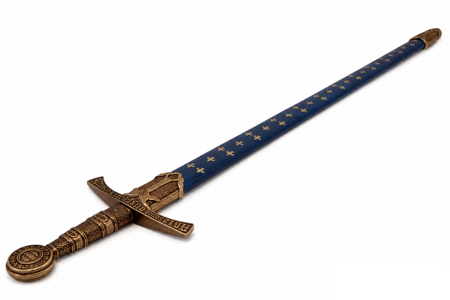 Denix 5201 replica sword and blue fleur-de-lis scabbard, angled view from the hilt