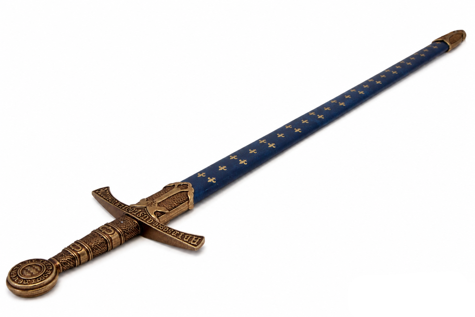 Denix 5201 replica sword and blue fleur-de-lis scabbard, angled view from the hilt