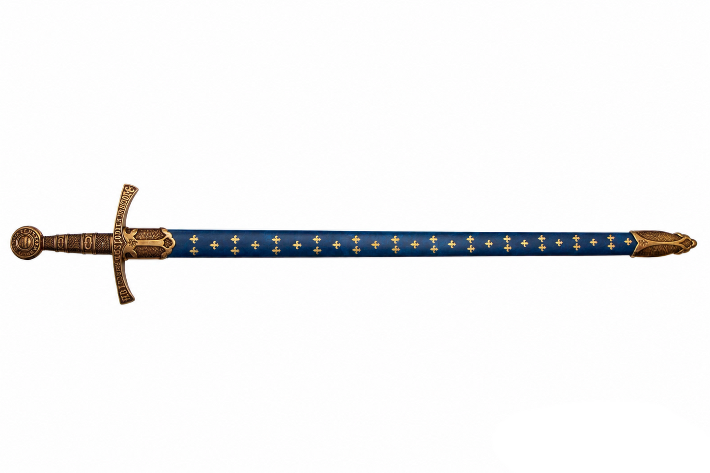 Denix 5201 14th-century French replica sword in blue fleur-de-lis scabbard, full-length left view