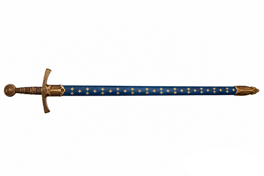 Denix 5201 14th-century French replica sword in blue fleur-de-lis scabbard, full-length left view