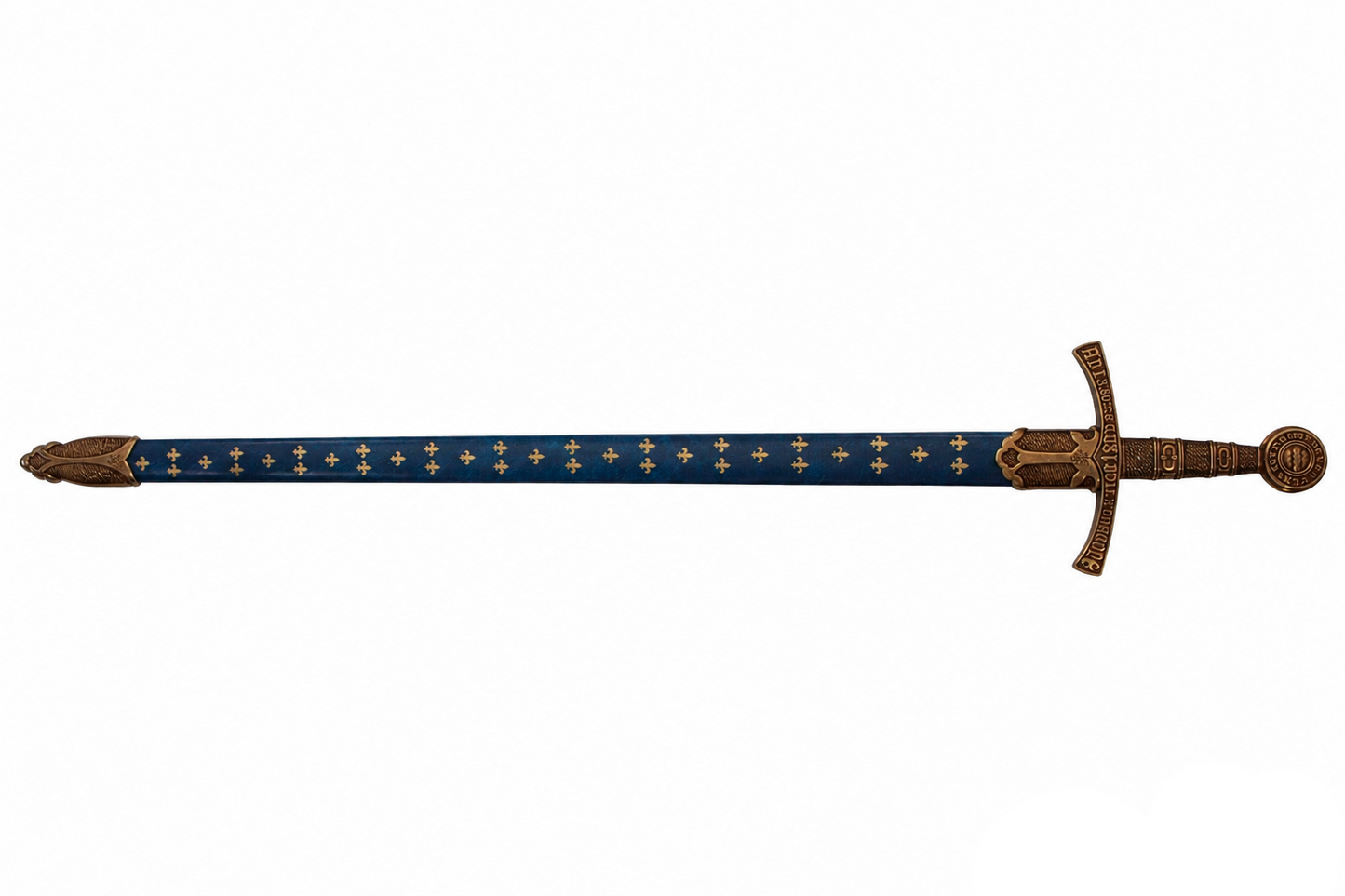 Denix 5201 French medieval replica sword in blue fleur-de-lis scabbard, full-length reverse view
