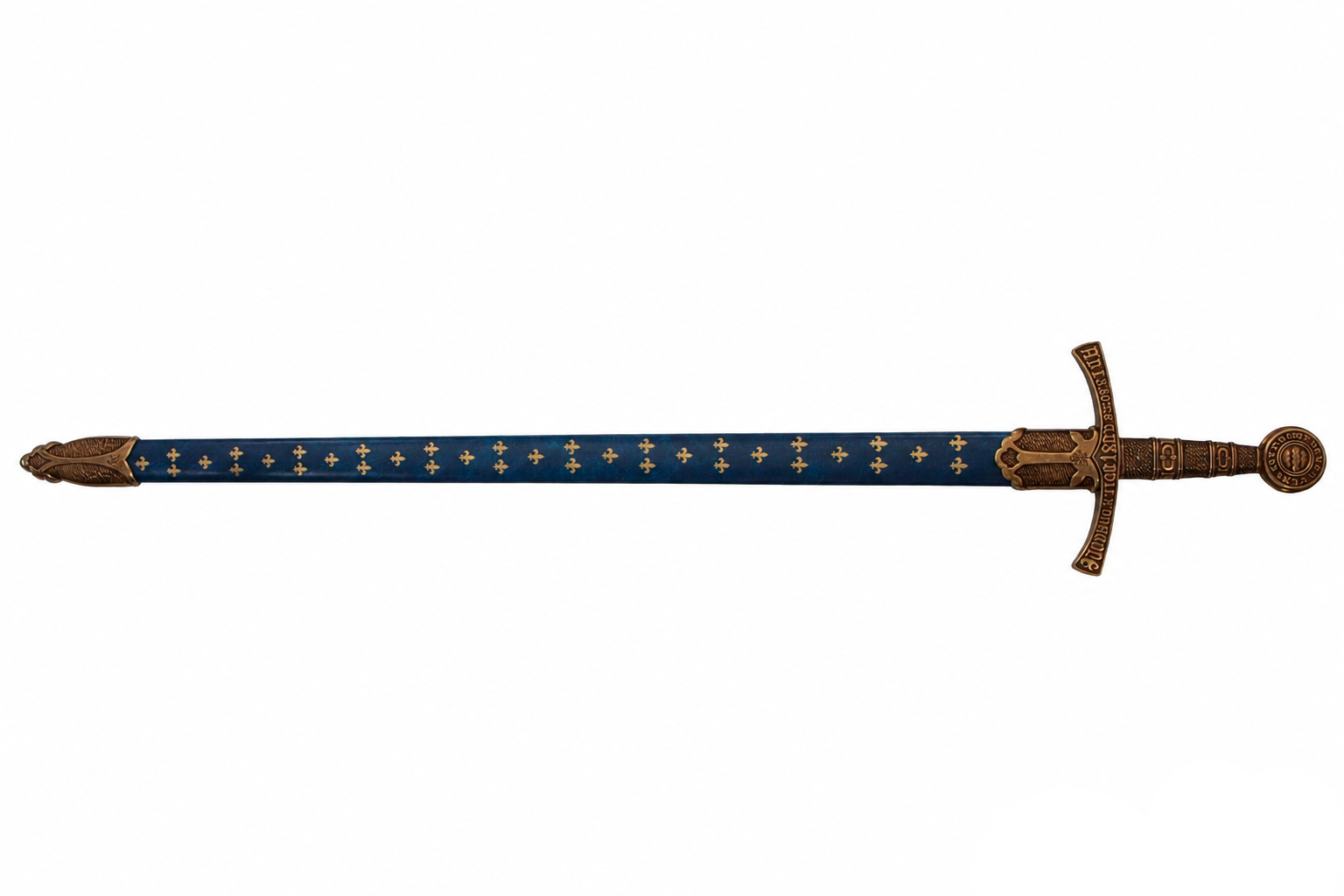 Denix 5201 French medieval replica sword in blue fleur-de-lis scabbard, full-length reverse view