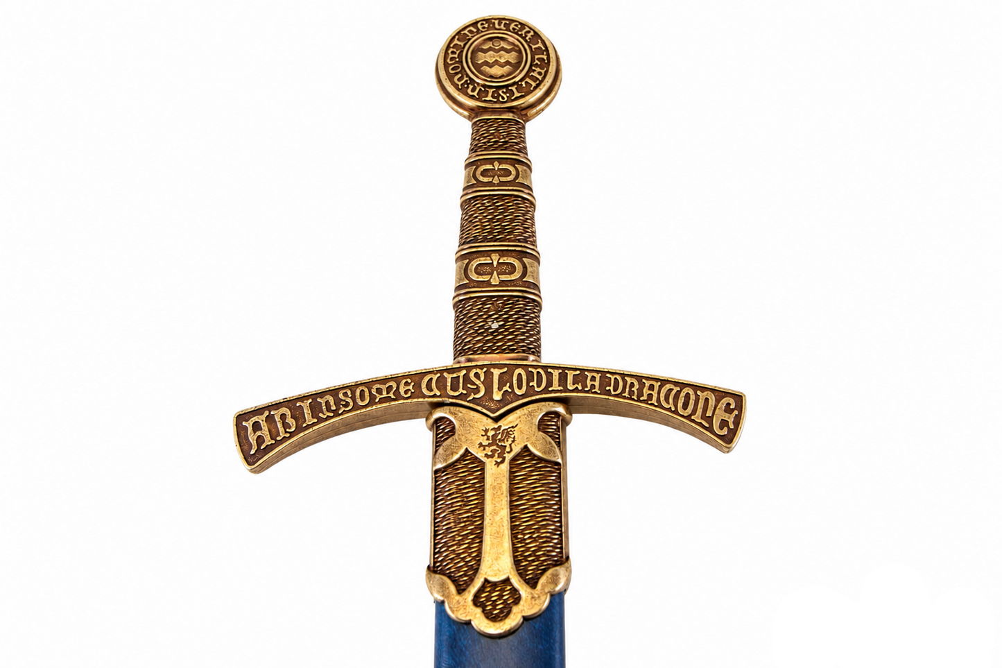 Denix 5201 replica sword ornate crossguard, grip, and blue scabbard detail